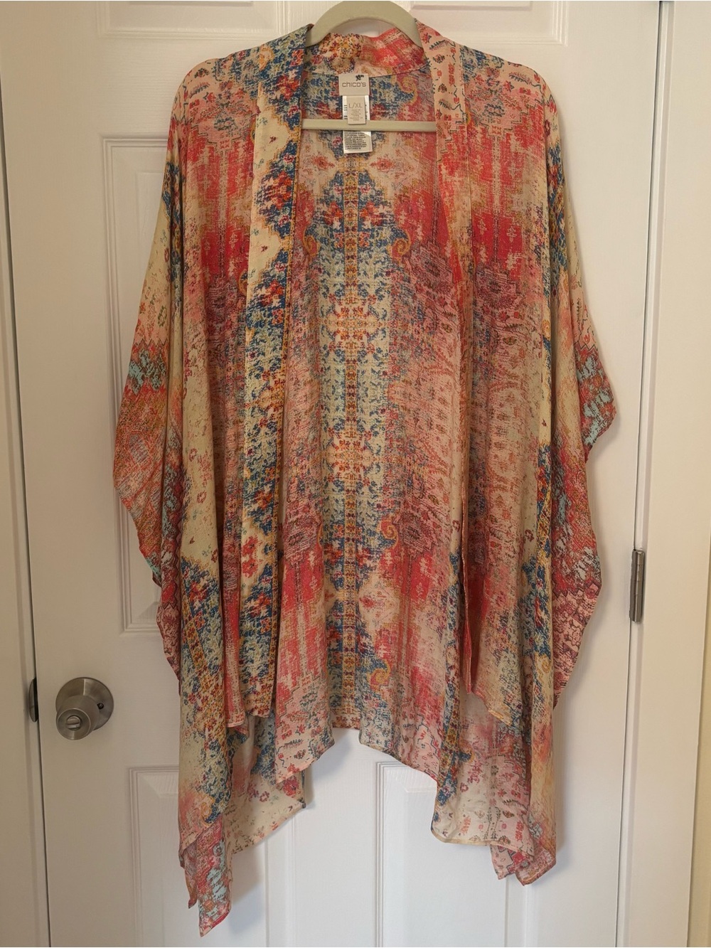 Chico's Lightweight Floral Boho Sheer Kimono Coral Pink Orange Size L/XL